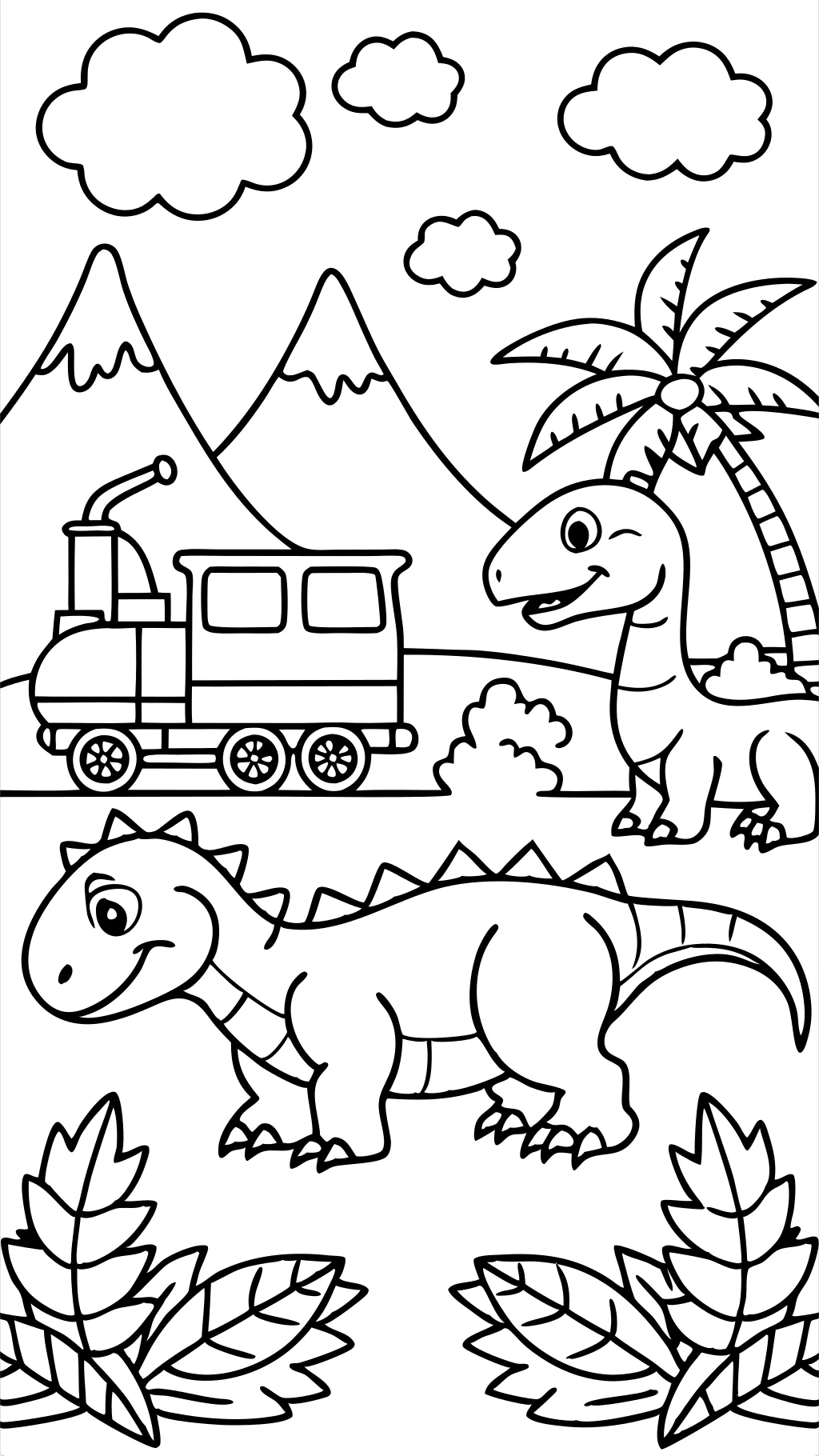 Página para colorear del tren de dinosaurio